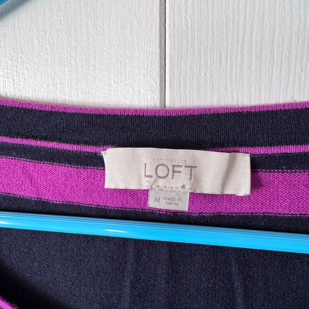 LOFT Medium Navy and Fushia Striped Sweater with Buttons - Picture 6 of 7